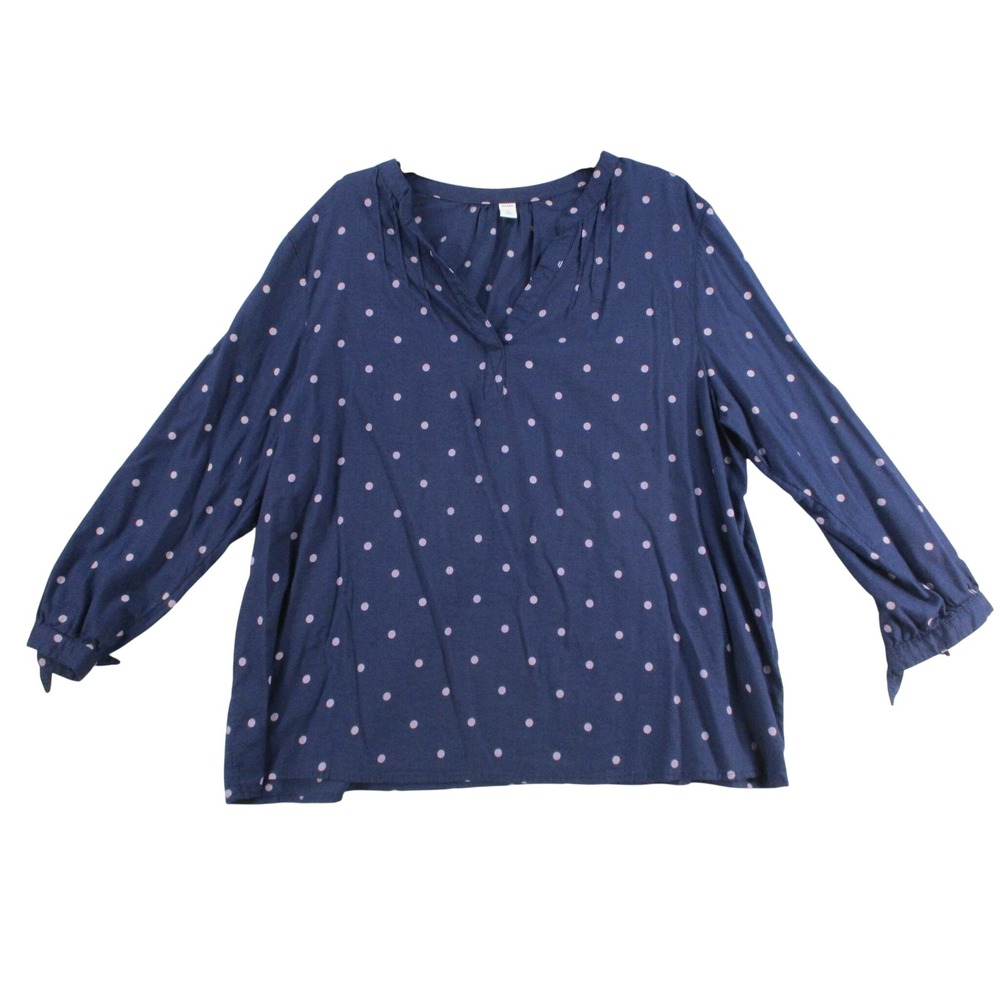 Old Navy Womens XXL Navy Blue Pink Polka Dot Long Sleeve Split Neck Blouse Top